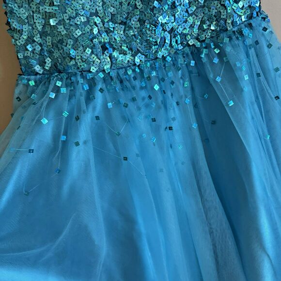 RJ CRUSH Long Mermaid PROM DRESS Aqua Blue Sequins Stones Stapless Tulle Sz 4 - Picture 9 of 15
